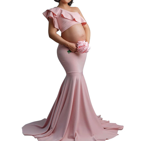 Modisches, sexy, schlankes, trägerloses, ärmelloses langes Kleid mit Spitze für schwangere Frauen