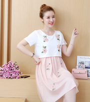 Sommer Koreanische Mode Mittellange Kurzarm Gefälschte Zwei-Stück Stillen Plus Größe Kleid