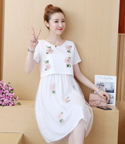 Vestido de talla grande para amamantar, de dos piezas, falso, de manga corta, de longitud media, moda coreana de verano