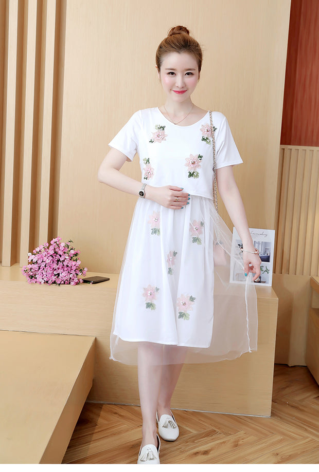 Sommer Koreanische Mode Mittellange Kurzarm Gefälschte Zwei-Stück Stillen Plus Größe Kleid