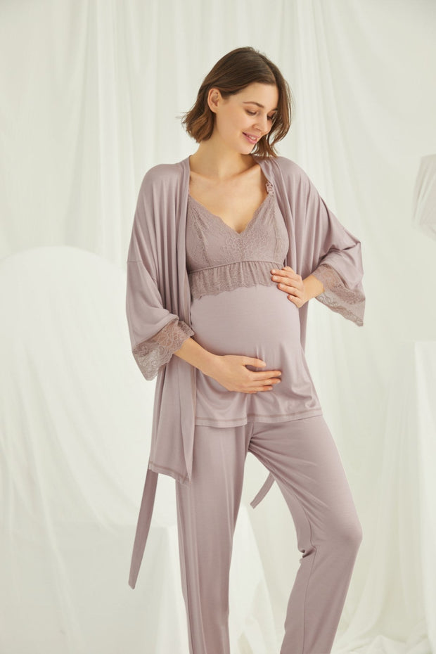 Shopymommy 18431 Lace Strappy 3-Pieces Maternity & Nursing Pajamas