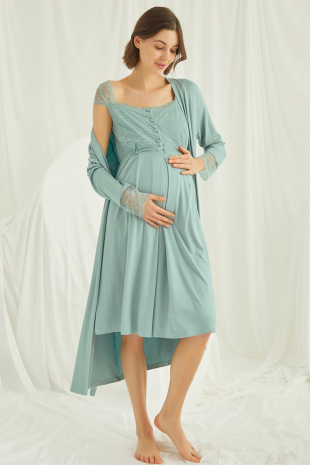 Shopymommy 18467 Lace Maternity & Nursing Nightgown With Robe Set