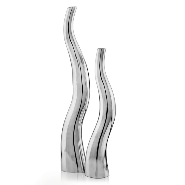 Set Of 2 Modern Tall Silver Squiggly Vases