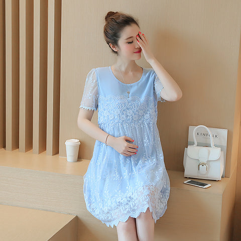 Sommer neues Umstandskleid koreanisches Hemd Spitze häkeln Blume Umstandskleid langes Kleid für schwangere Frauen