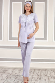 Shopymommy 4111 Lace Embroidered 3-Pieces Maternity & Nursing Pajamas