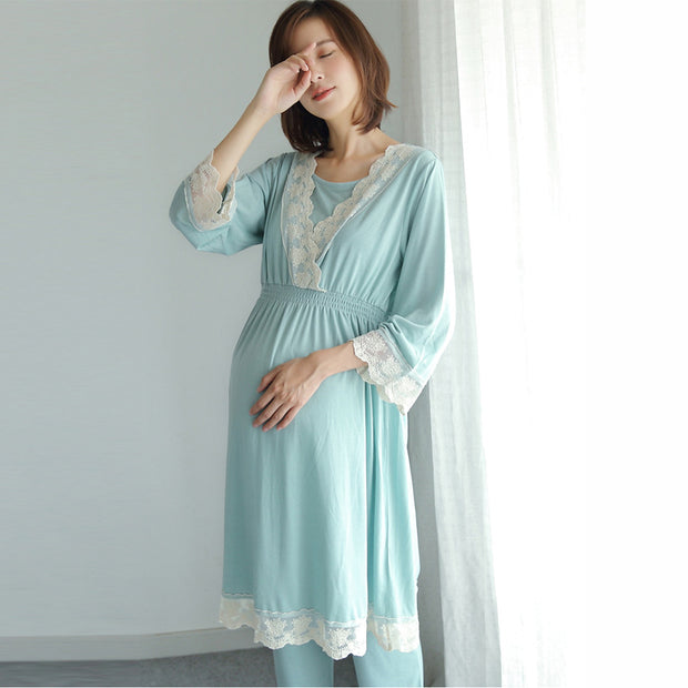 2021 Frühling und Herbst neues japanisches Umstandskleid schwangere Frauen Stillkleidung Monatskleidung Postpartum Home Service Spitzenpyjama-Set 
