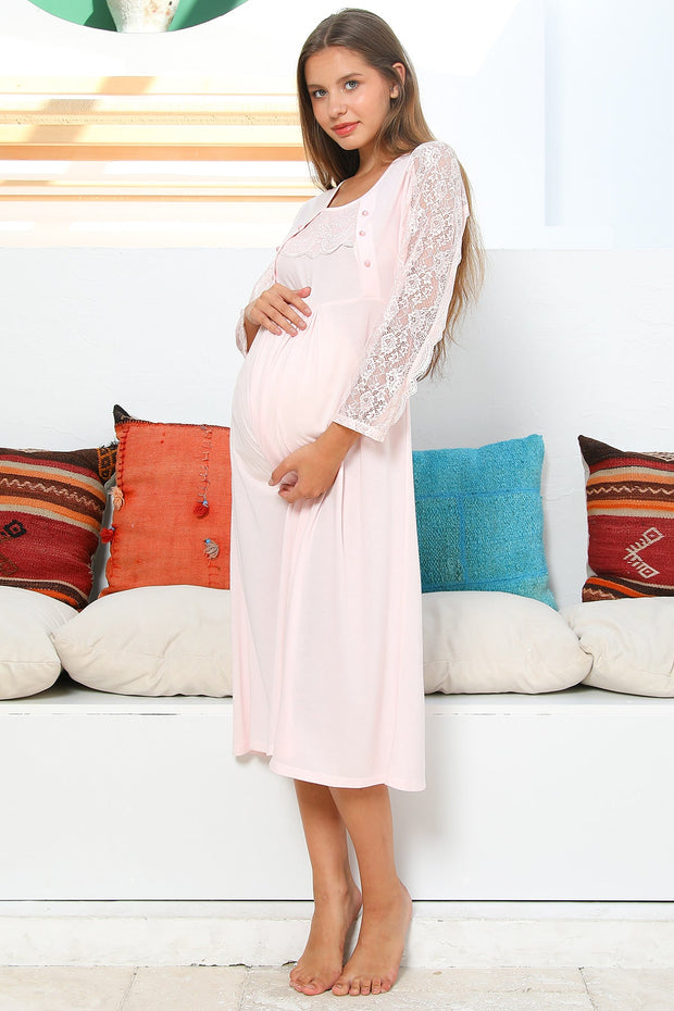 Shopymommy 55103 Elegance Lace Sleeves Maternity & Nursing Nightgown