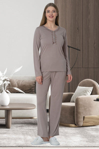 Shopymommy 5639 Guipure Plus Size Maternity & Nursing Pajamas Coffee