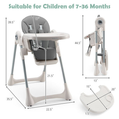 Baby Folding High Chair Dining Chair with Adjustable Height and Footrest-Gray