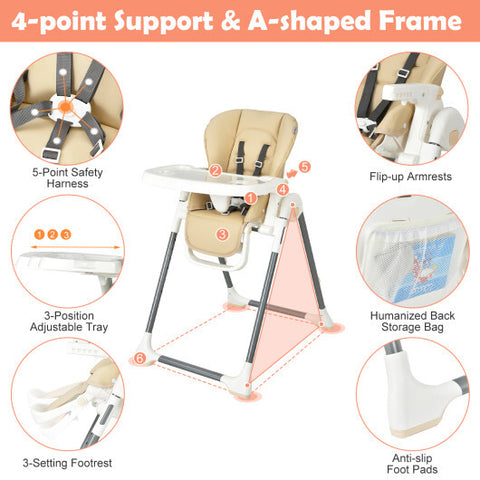 Foldable Baby High Chair with Double Removable Trays and Book Holder-Beige