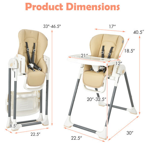 Foldable Baby High Chair with Double Removable Trays and Book Holder-Beige