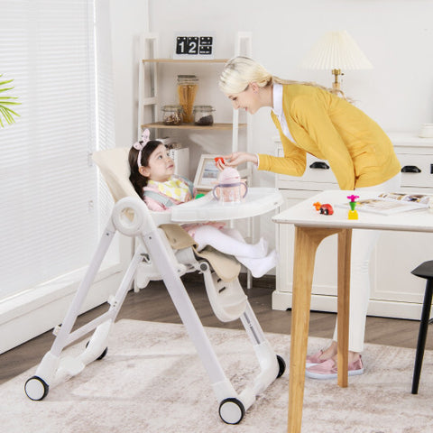 Baby Folding Convertible High Chair with Wheels and Adjustable Height-Gray