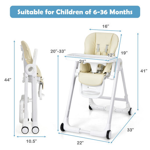 Baby Folding Convertible High Chair with Wheels and Adjustable Height-Gray