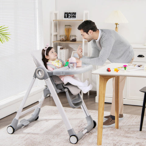 Baby Folding Convertible High Chair with Wheels and Adjustable Height-Gray