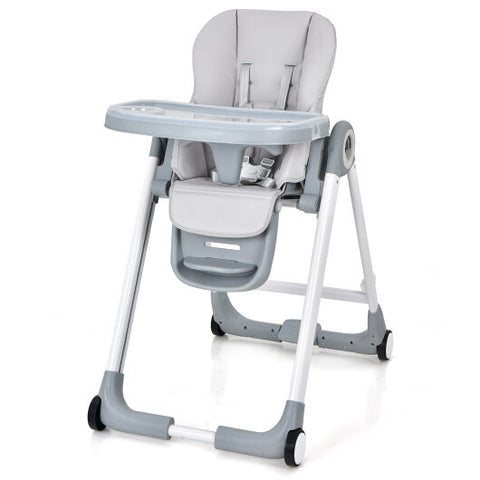 Baby Folding Convertible High Chair with Wheels and Adjustable Height-Gray