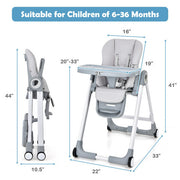 Baby Folding Convertible High Chair with Wheels and Adjustable Height-Gray