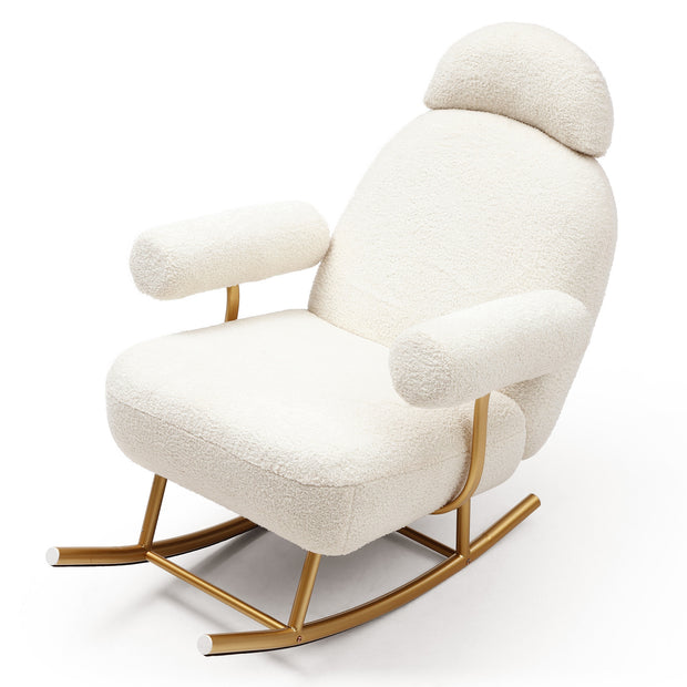 Modern Sherpa Fabric Nursery Rocking Chair,Accent Upholstered Rocker Glider Chair for Baby and Kids,Comfy Armchair with Gold Metal Frame,Leisure Sofa Chair for Nursery/Bedroom/Living Room/Office,Beige