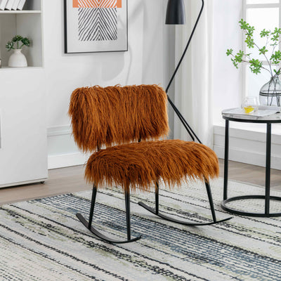 Wide Faux Fur Plush Nursery Rocking Chair, Baby Nursing Chair with Metal Rocker, Comfy Mid Century Modern Chair for Living Room,