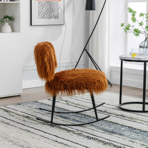 Wide Faux Fur Plush Nursery Rocking Chair, Baby Nursing Chair with Metal Rocker, Comfy Mid Century Modern Chair for Living Room,