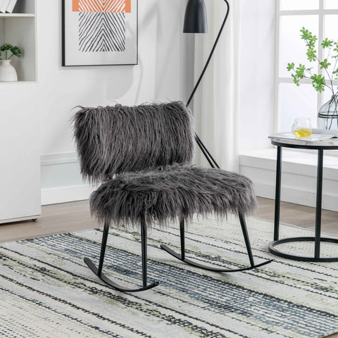 =Wide Faux Fur Plush Nursery Rocking Chair, Baby Nursing Chair with Metal Rocker, Fluffy Upholstered Glider Chair,  ,  (Gray)