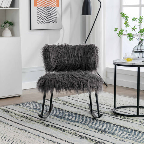 =Wide Faux Fur Plush Nursery Rocking Chair, Baby Nursing Chair with Metal Rocker, Fluffy Upholstered Glider Chair,  ,  (Gray)