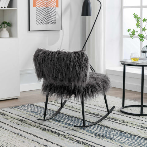 =Wide Faux Fur Plush Nursery Rocking Chair, Baby Nursing Chair with Metal Rocker, Fluffy Upholstered Glider Chair,  ,  (Gray)