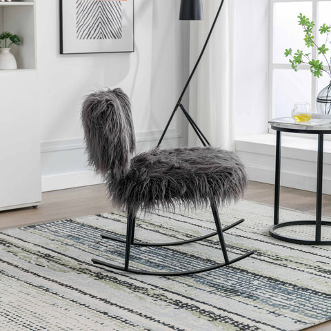 =Wide Faux Fur Plush Nursery Rocking Chair, Baby Nursing Chair with Metal Rocker, Fluffy Upholstered Glider Chair,  ,  (Gray)