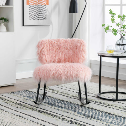25,2'' breiter Schaukelstuhl aus Kunstfell-Plüsch, Baby-Stillstuhl mit Metallwippe, flauschig gepolsterter Gleitstuhl, bequemer moderner Mid-Century-Stuhl für Wohnzimmer, Schlafzimmer (Pink)