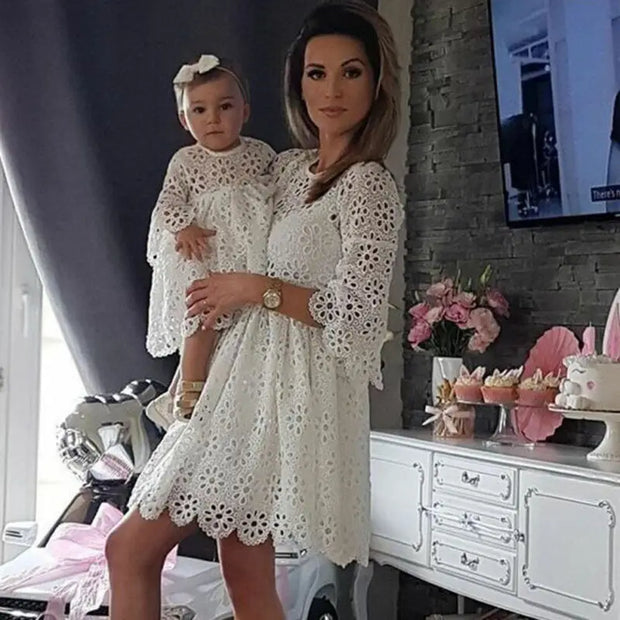 Fashion Family Matching Clothes Mother Daughter Dresses White Hollow