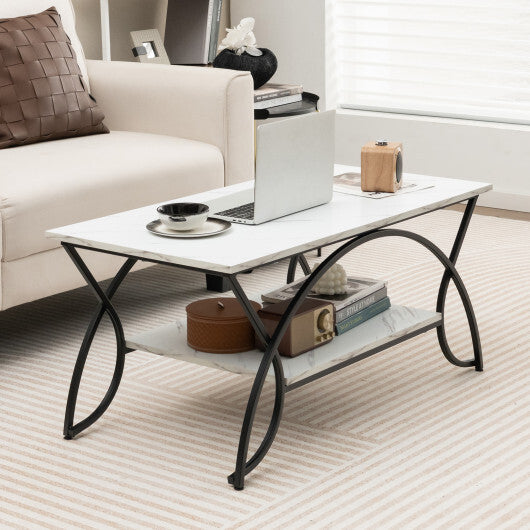 2-Tier Faux Marble Coffee Table with Marble Top and Metal Frame-Black & White - Color: Black & White - Size: 2-Tier