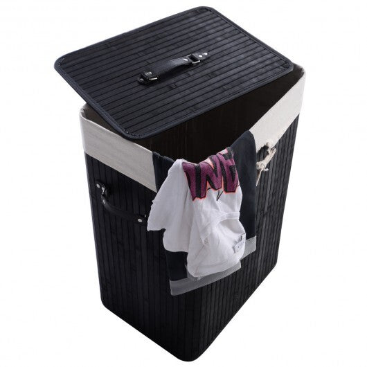 Rectangle Bamboo Hamper Laundry Basket Washing Cloth Bin Storage Bag Lid 3 color-Black - Color: Black