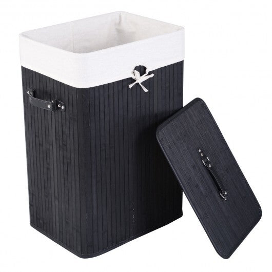 Rectangle Bamboo Hamper Laundry Basket Washing Cloth Bin Storage Bag Lid 3 color-Black - Color: Black