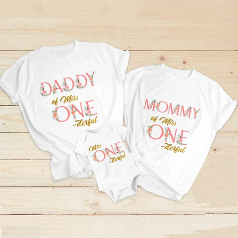 Miss ONE-derful Birthday Family Shirts Floral 1st Birthday Girl Mom