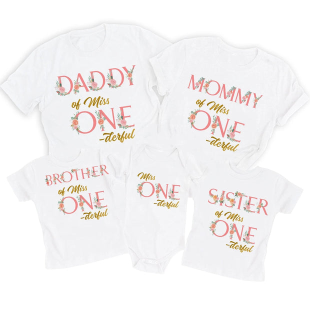 Miss ONE-derful Birthday Family Shirts Floral 1st Birthday Girl Mom