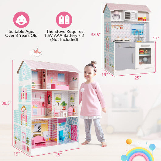 2-In-1 Double Sided Kids Kitchen Playset and Dollhouse with Furniture - Color: Pink