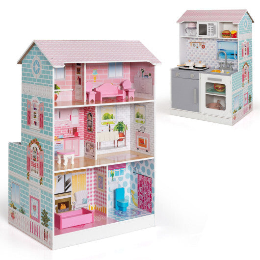 2-In-1 Double Sided Kids Kitchen Playset and Dollhouse with Furniture - Color: Pink