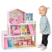 Kids Wooden Dollhouse Playset with 5 Simulated Rooms and 10 Pieces of Furniture-Pink - Color: Pink