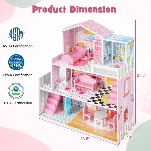 Kids Wooden Dollhouse Playset with 5 Simulated Rooms and 10 Pieces of Furniture-Pink - Color: Pink
