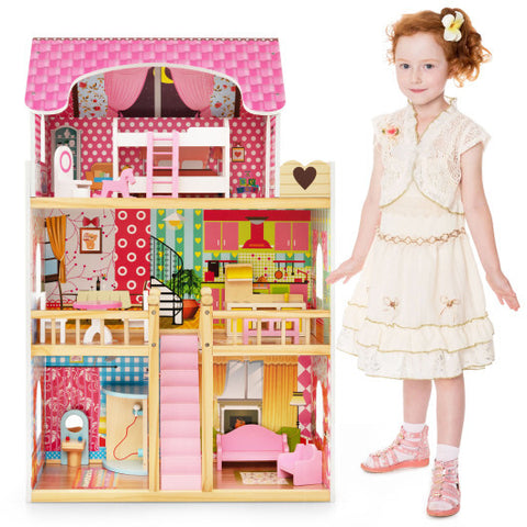 Doll House Playset with 3 Stories and 6 Simulated Rooms and 15 Pieces of Furniture-Pink