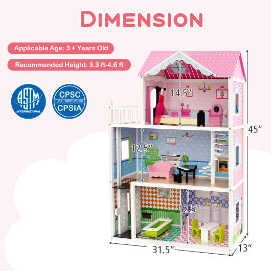 Wooden Dollhouse with Working Elevator and Rotatable Staircase-Pink - Color: Pink