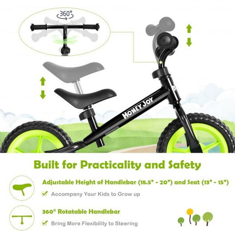 Kids No Pedal Balance Bike with Adjustable Handlebar and Seat-Black - Color: Black