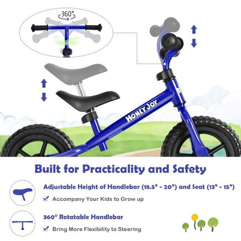 Kids No Pedal Balance Bike with Adjustable Handlebar and Seat-Blue - Color: Blue