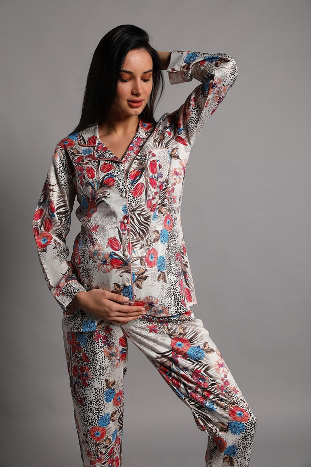 Shopymommy 5248 Jasminlong Front Button Maternity & Nursing Pajamas