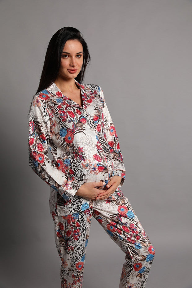 Shopymommy 5248 Jasminlong Front Button Maternity & Nursing Pajamas