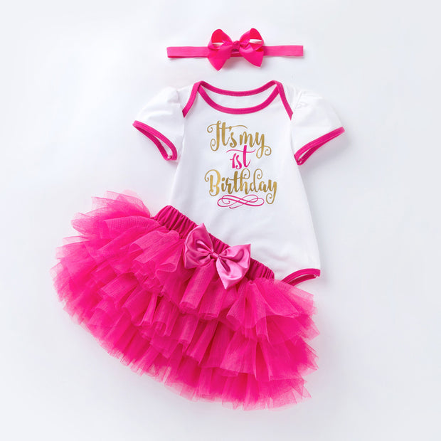 Baby Romper Net Yarn Pink Princess Dress Set