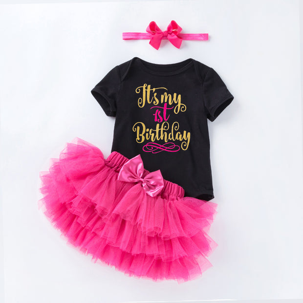 Conjunto de vestido de princesa rosa de hilo de red para mameluco de bebé