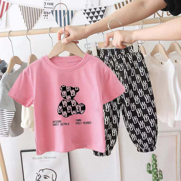 Color: Pink short sleeves and pants, Size: 120cm - Children'S Short-Sleeved  Middle And Small Western Style Two-Piece Suit