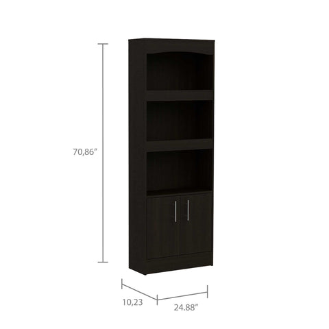 71" Black Three Shelf Bookcase with Cabinet Storage