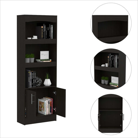 71" Black Three Shelf Bookcase with Cabinet Storage