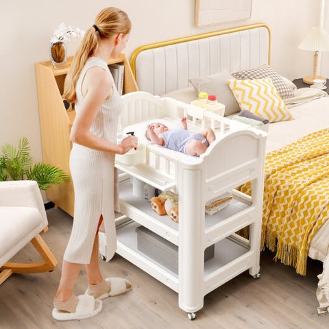 Mobile Diaper Changing Station with Storage Shelves and Boxes-Beige